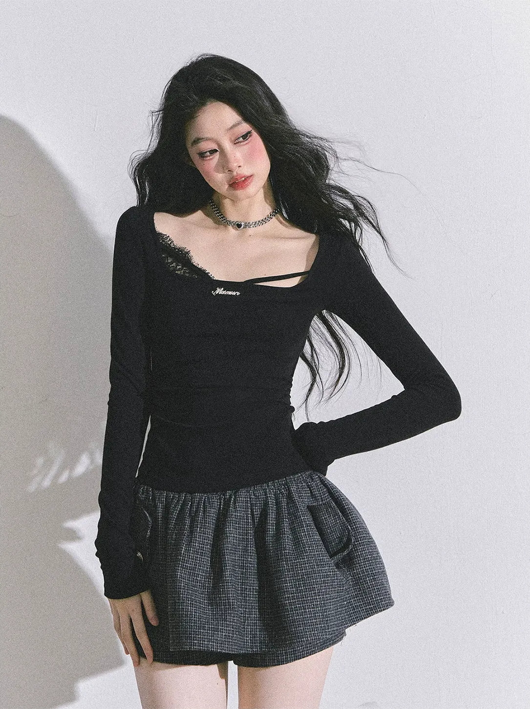 Lace Panel Fitted Long-Sleeve Top