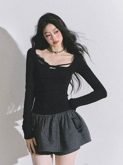Lace Panel Fitted Long-Sleeve Top