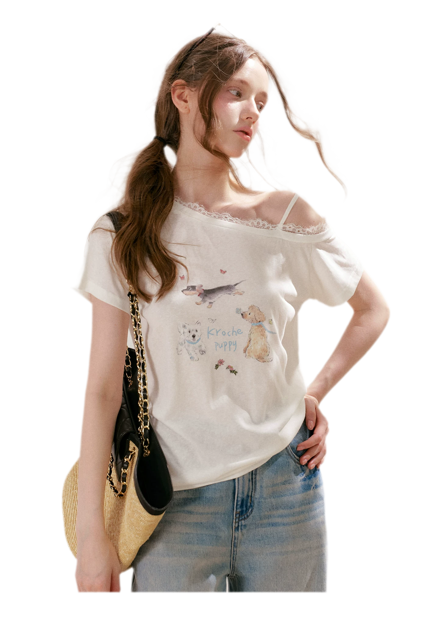Tencel Cotton French Lace Puppy Print Asymmetric T-Shirt