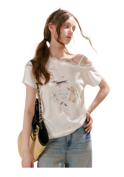 Tencel Cotton French Lace Puppy Print Asymmetric T-Shirt