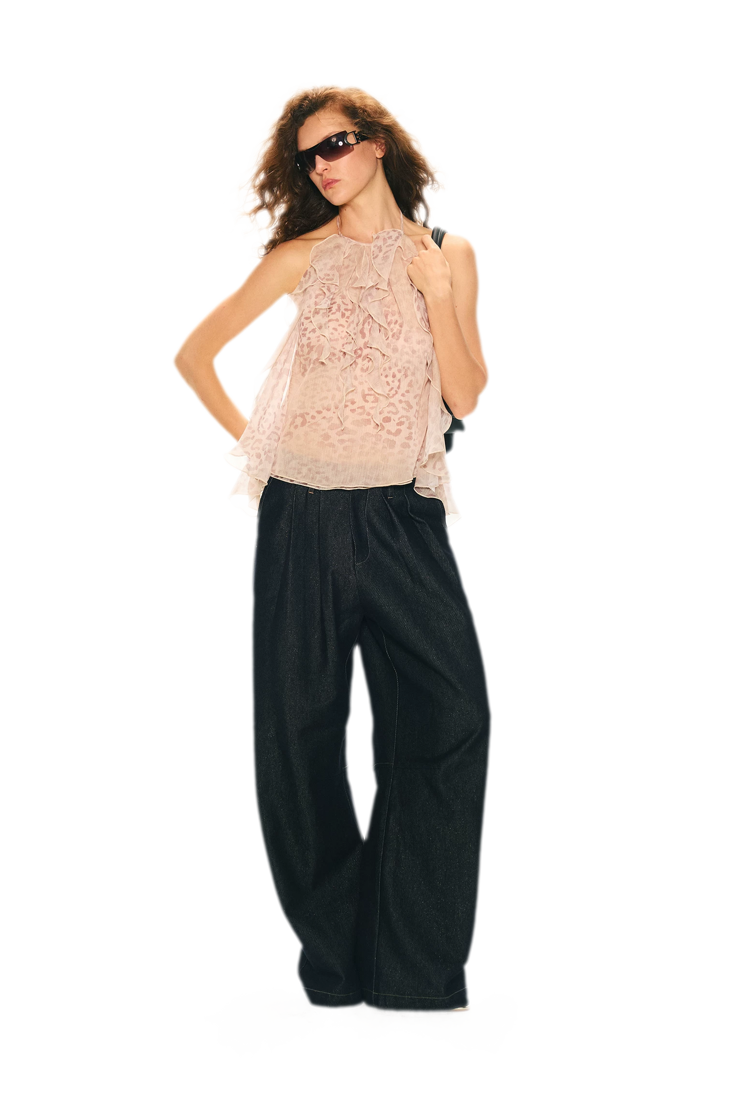 Off-Shoulder Halter Chiffon Check Print Top