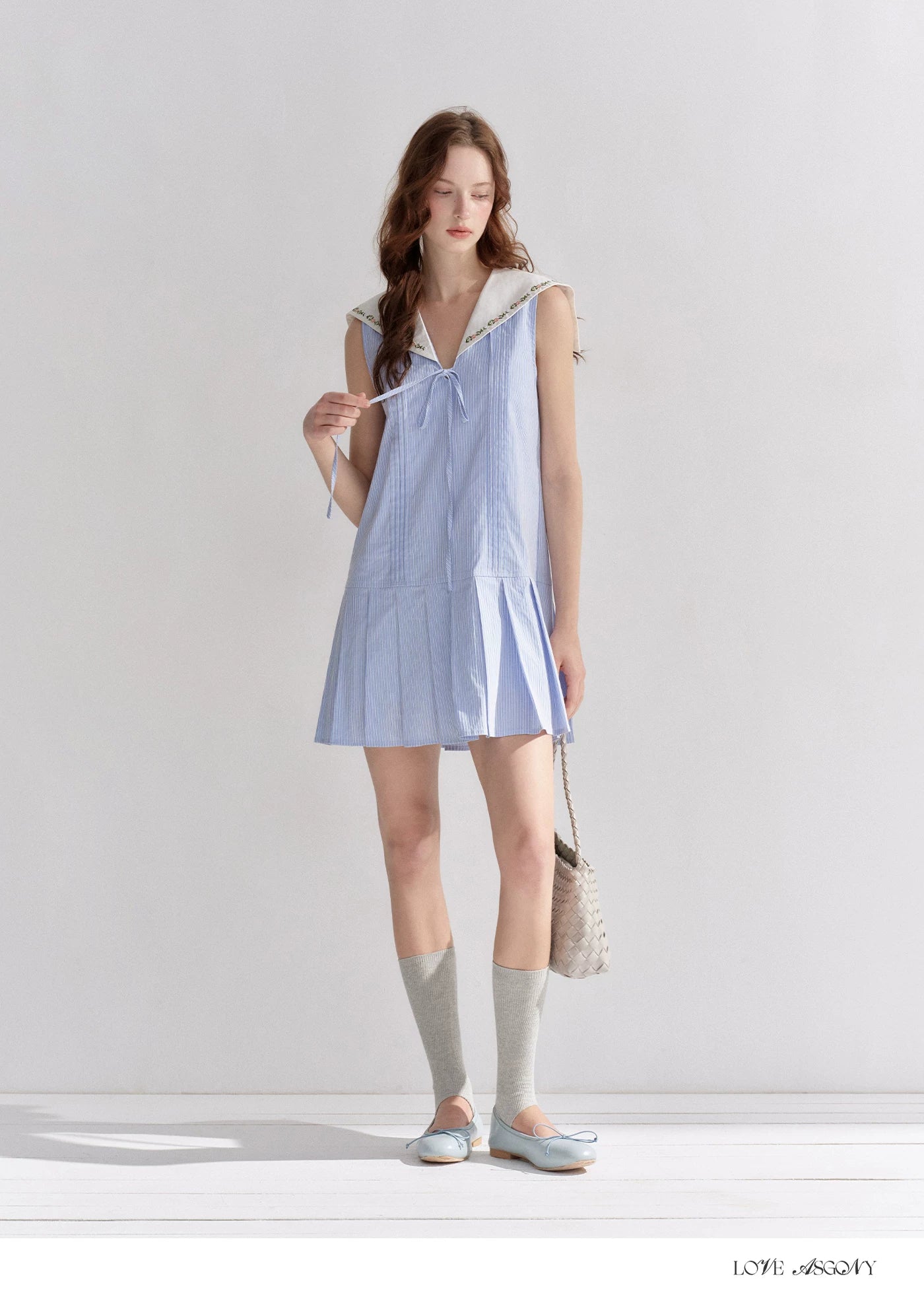 Embroidered Blue Striped Sailor Collar Pleated Dress