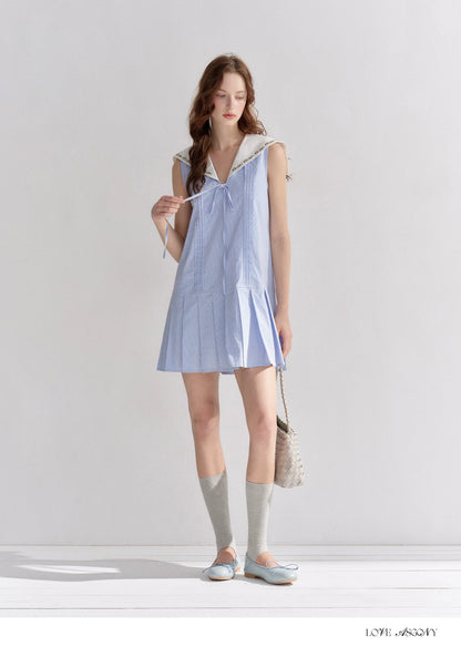Embroidered Blue Striped Sailor Collar Pleated Dress