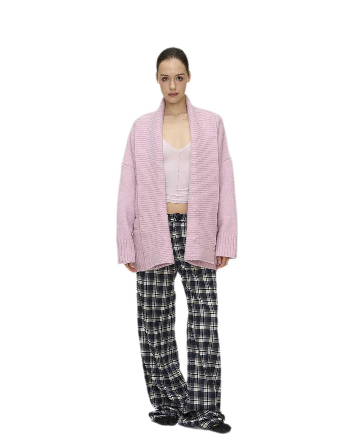 Brushed Plaid Wide-Leg Pants