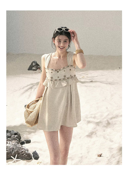 Sunlit Wheat Field Lace Strap Dress