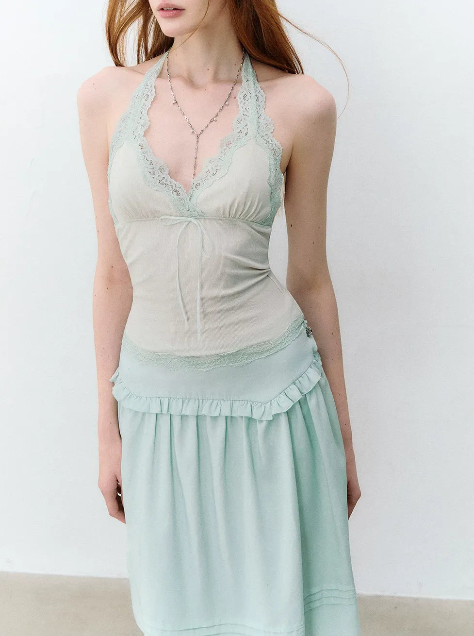 Colorblock Lace Trim Bow Tie Halter Top