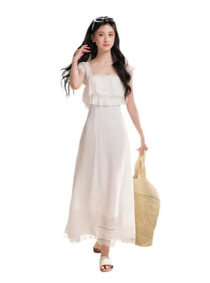 Lace Ruffle Waist Long Dress
