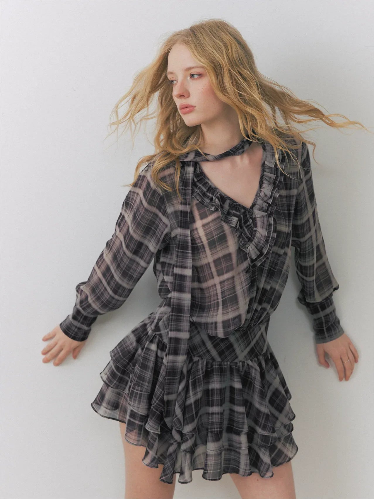 Plaid Chiffon V-Neck Dress
