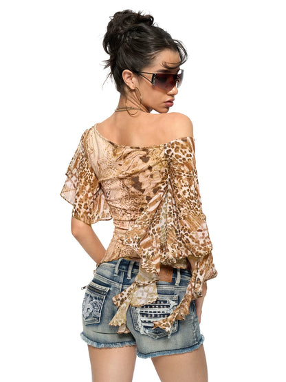 Leopard &amp; Snake Print Asymmetric Ruffle Top