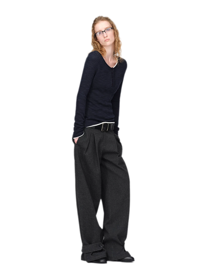 Pantalones de pierna ancha plisados con mezcla de lana