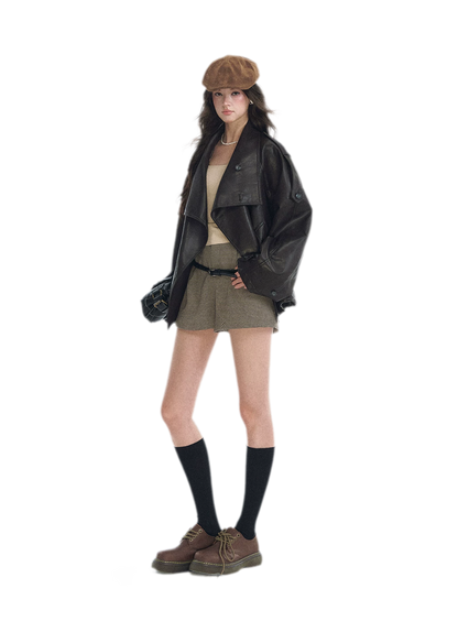 Faux-Leather Oversized Double-Breasted Jacket