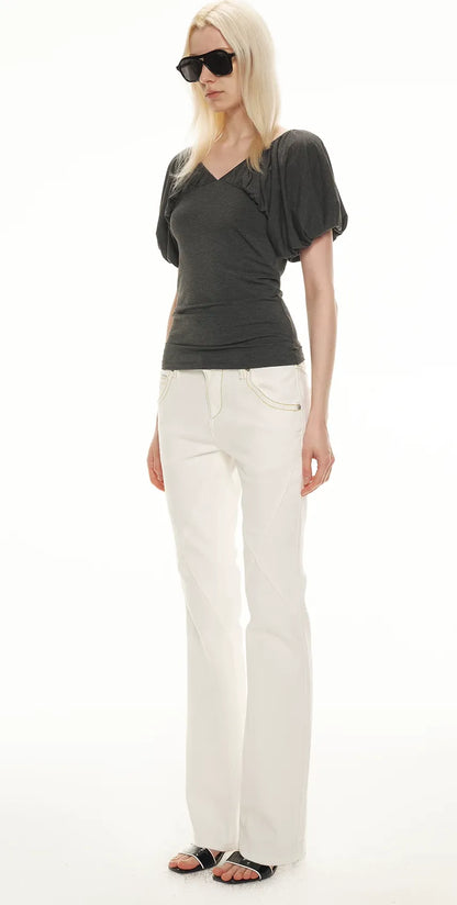 Soft Draped Puff Sleeve V-Neck Slim T-Shirt