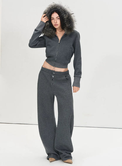 Detachable Fur Collar Fleece Hoodie &amp; Relaxed Pants