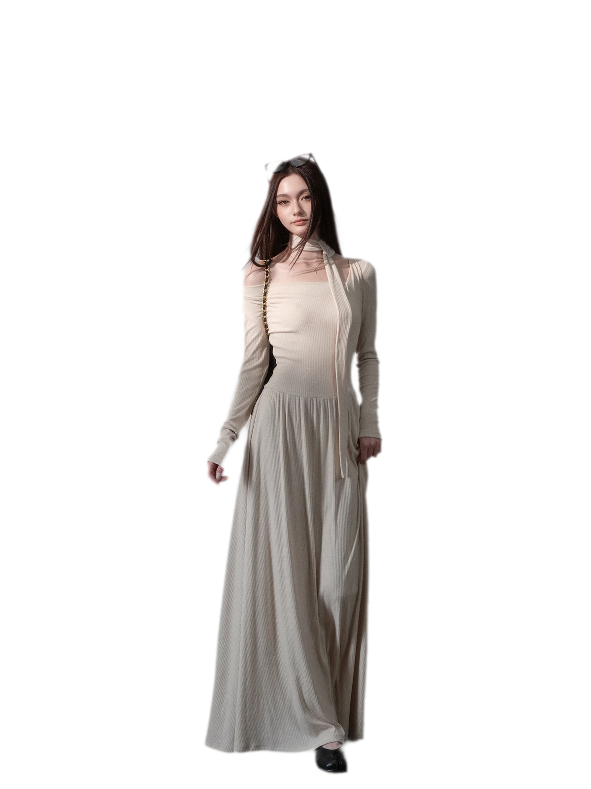 Robe longue côtelée à ruban