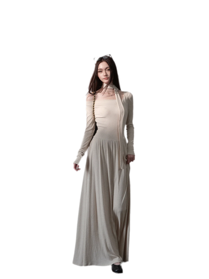 Robe longue côtelée à ruban