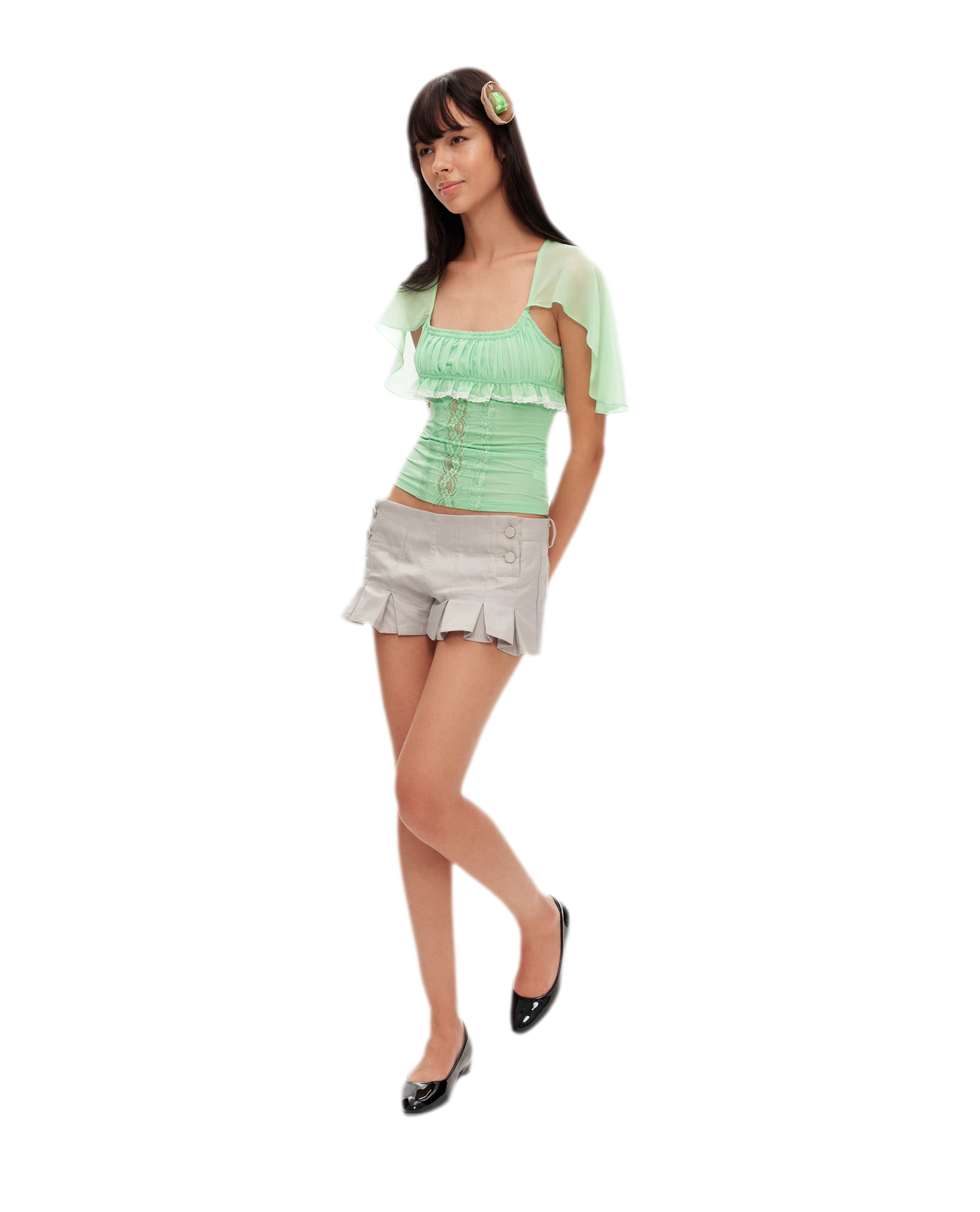 Pleated High-Waisted Double-Breasted Shorts