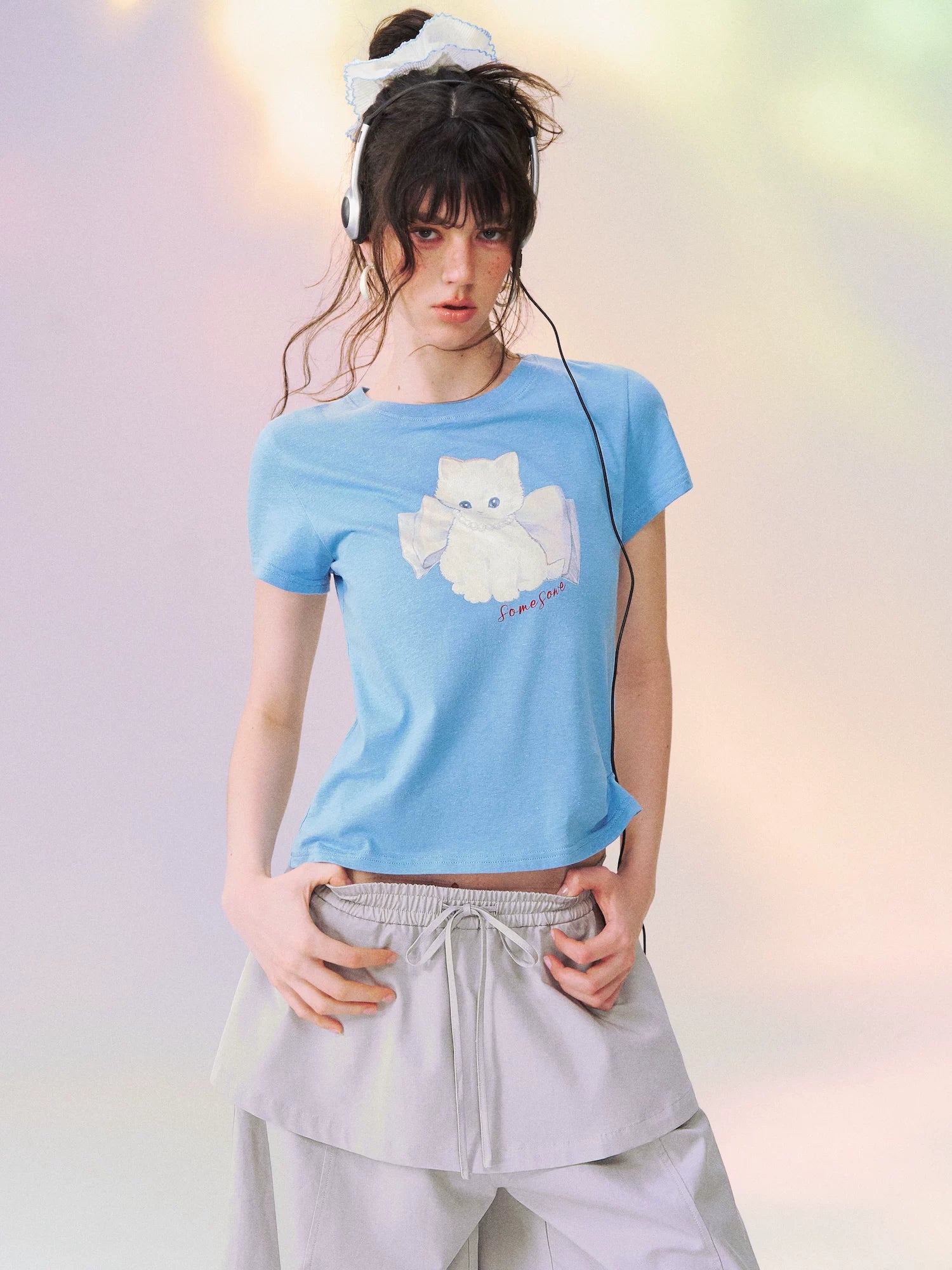 Bow Knot Kitten Short Sleeve T-shirt