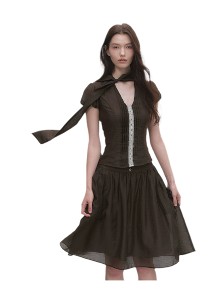 Tie-Neck Flared Skirt Set