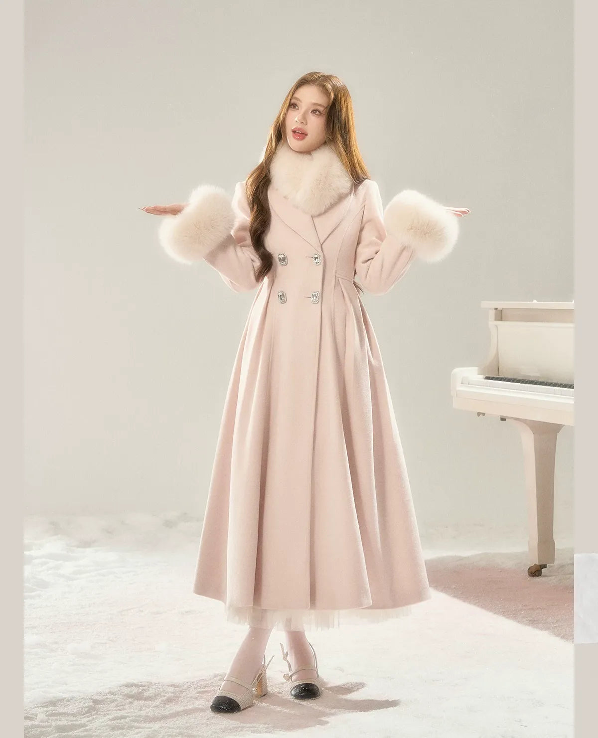 Double-Breasted Cinched Wool Blend Coat