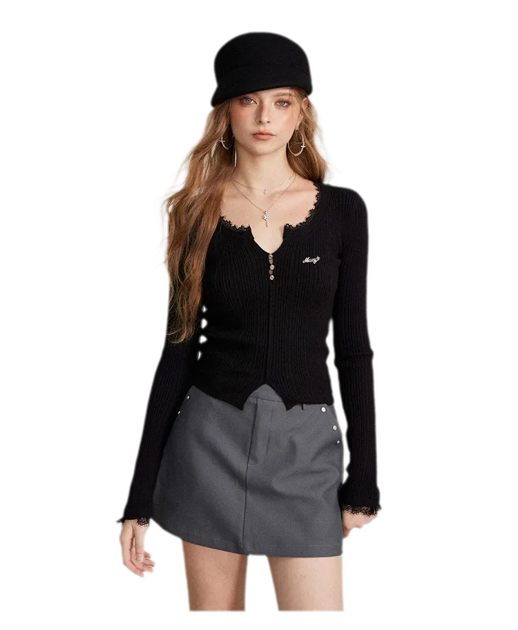 Lace Trim Ribbed Knit Top