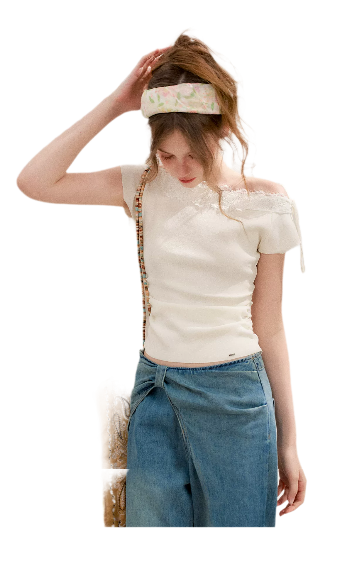 Lace Trim Off-Shoulder Knit Top &amp; Denim Pants