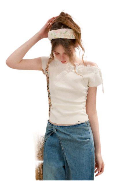 Lace Trim Off-Shoulder Knit Top &amp; Denim Pants