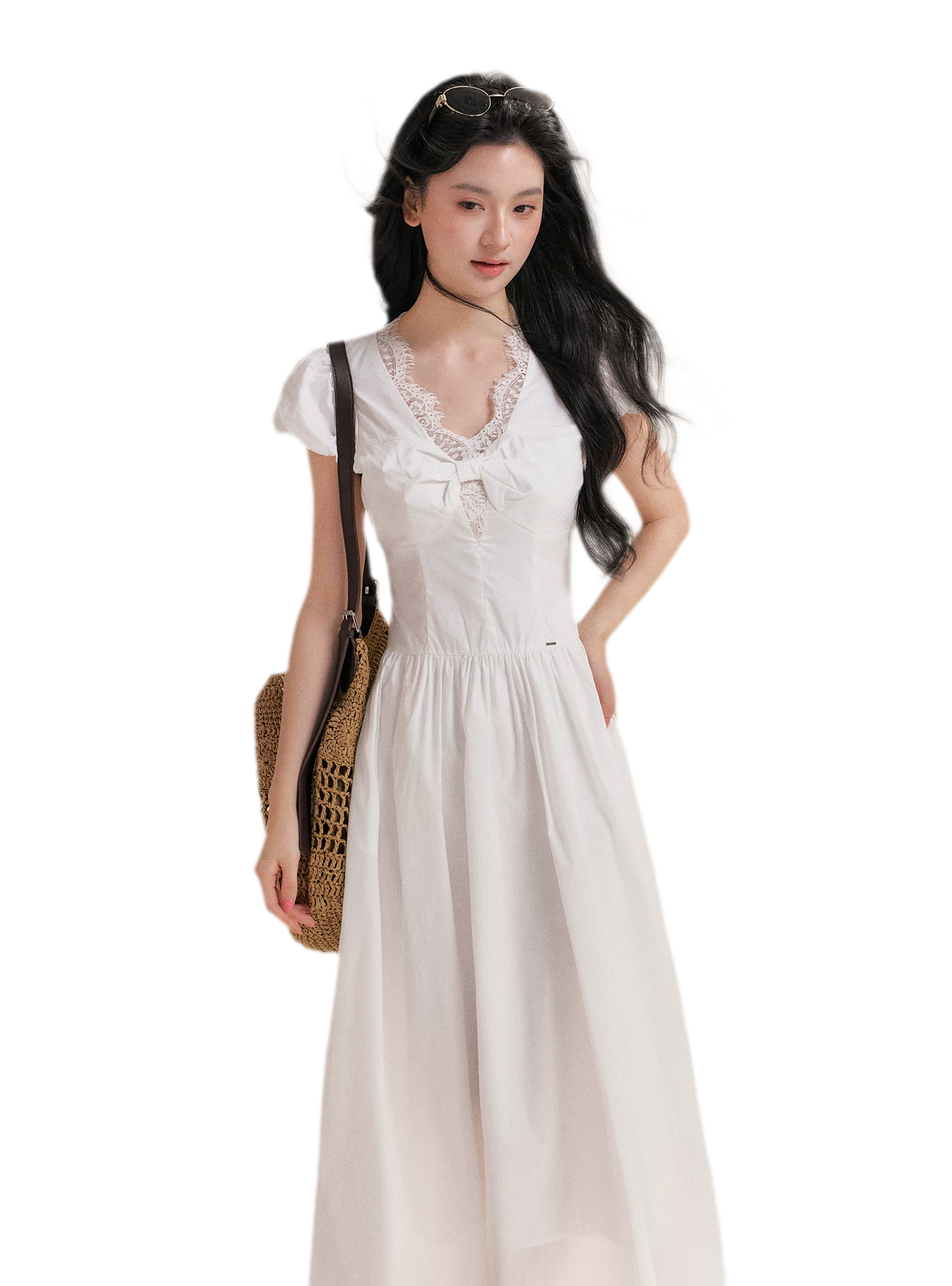 Knot Design French Lace Puff Sleeve A-Line Dress