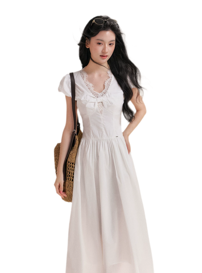 Knot Design French Lace Puff Sleeve A-Line Dress