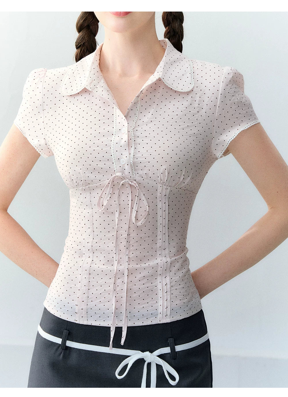 Korean Style Lyocell Waist-Tie Polka Dot Puff Sleeve