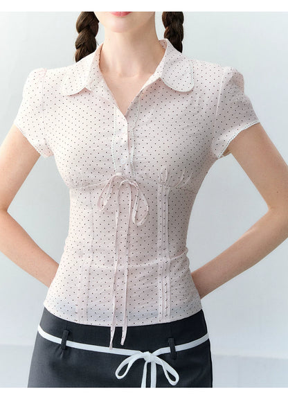 Korean Style Lyocell Waist-Tie Polka Dot Puff Sleeve