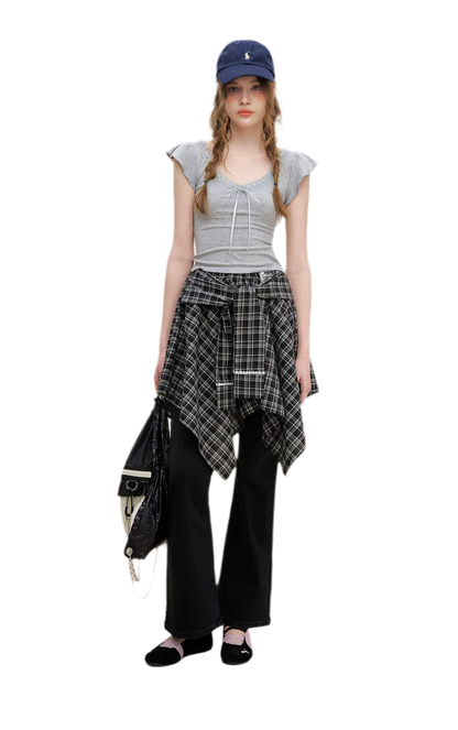 Asymmetric Lace Patchwork Plaid Skirt/Top