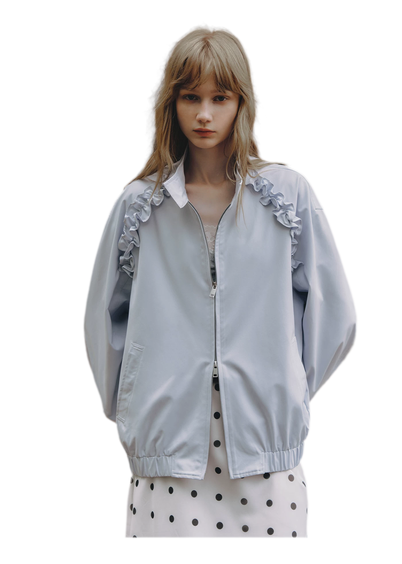 Ruffled Stand Collar Harrington Jacket