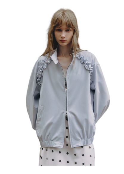 Ruffled Stand Collar Harrington Jacket
