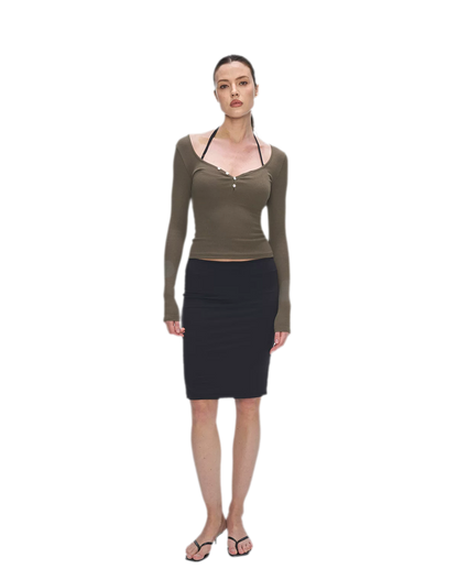 Ribbed V-Neck Button Top