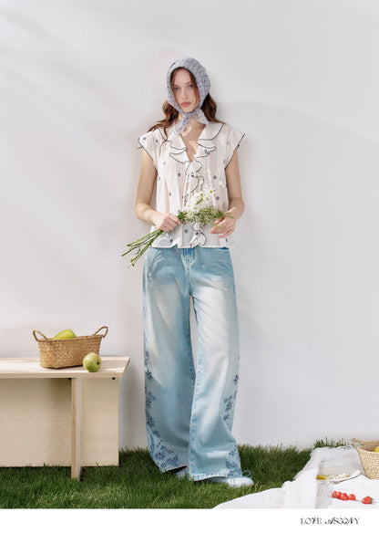 Cotton-Feel Embroidered Ruffle Sleeve Blouse
