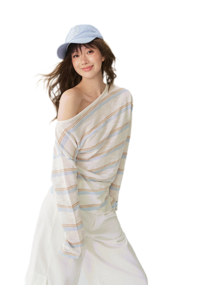 Sheer One-Shoulder Stripe Tee