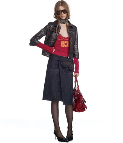 Washed Leather Cropped Cargo Jacket