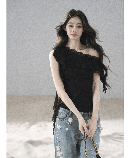 Lace One-Shoulder Crop Tee