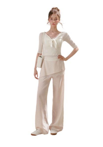 Lace Detail Casual Wide-Leg Pants