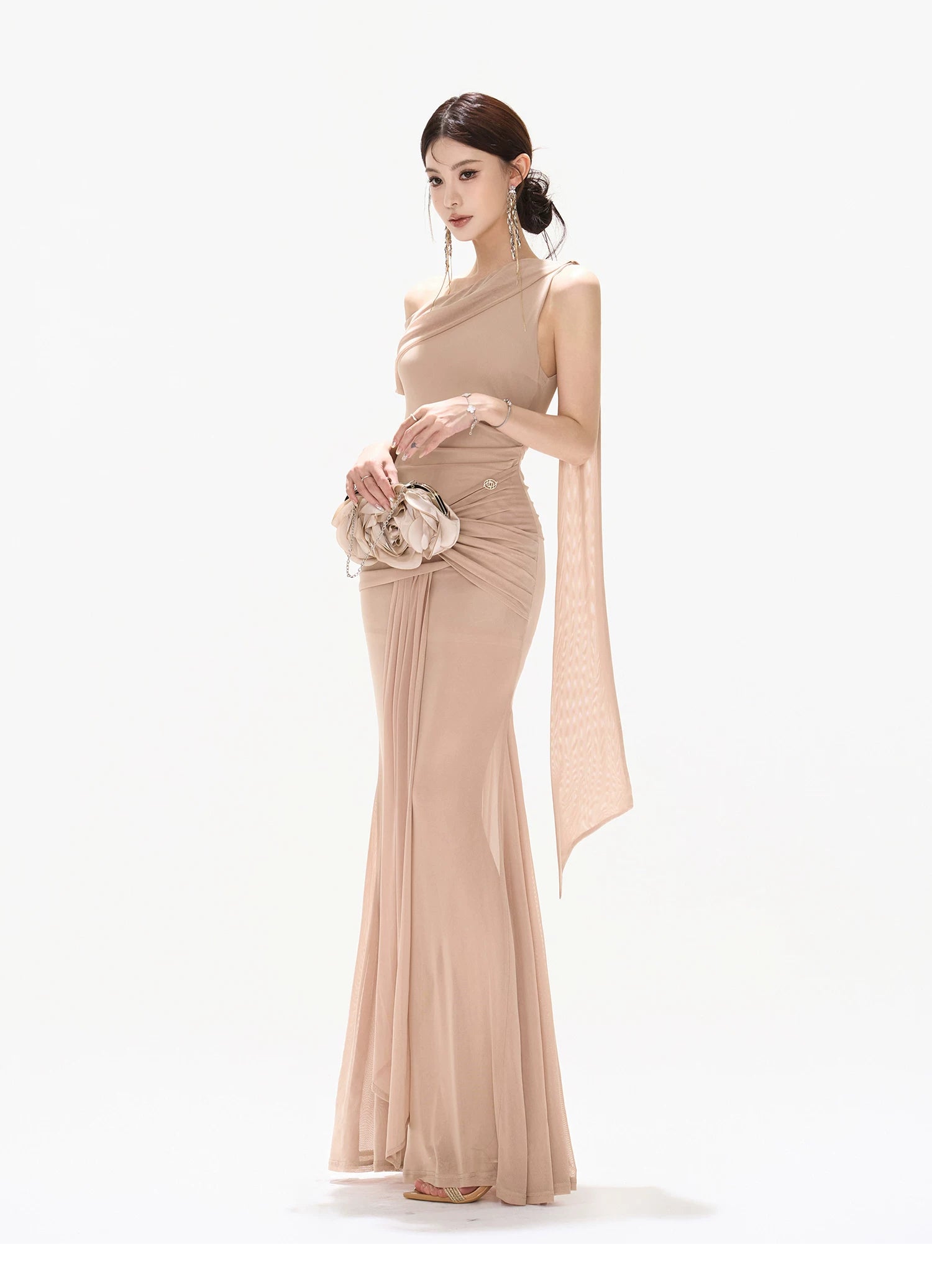 Asymmetric Off-Shoulder Mesh Long Dress
