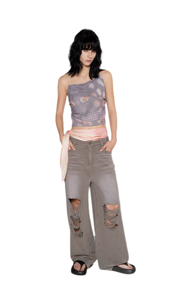 Washed Distressed Straight Pants