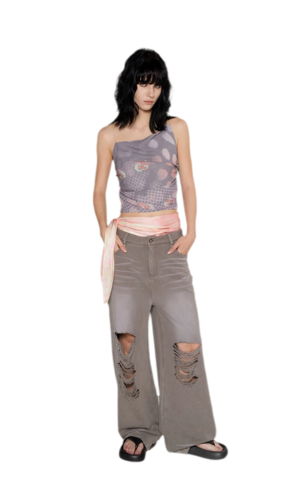 Washed Distressed Straight Pants