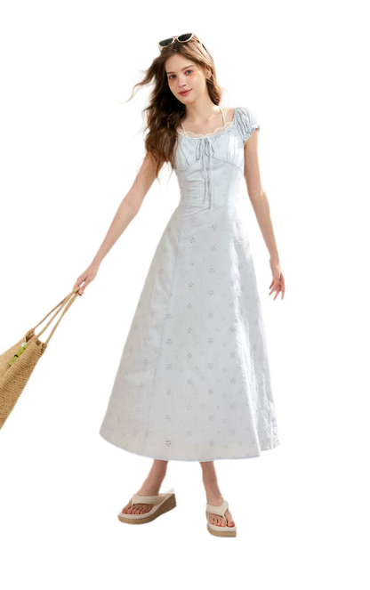 Embroidered A-Line Short Sleeve Dress