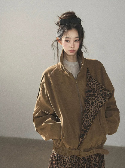 Matte Suede Leopard Bomber Jacket