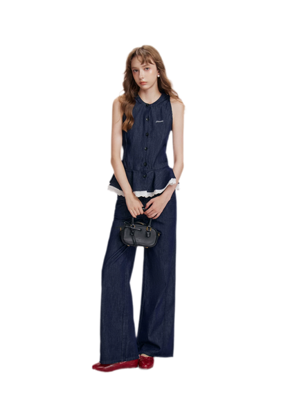 Lace Trim Peplum Denim Set