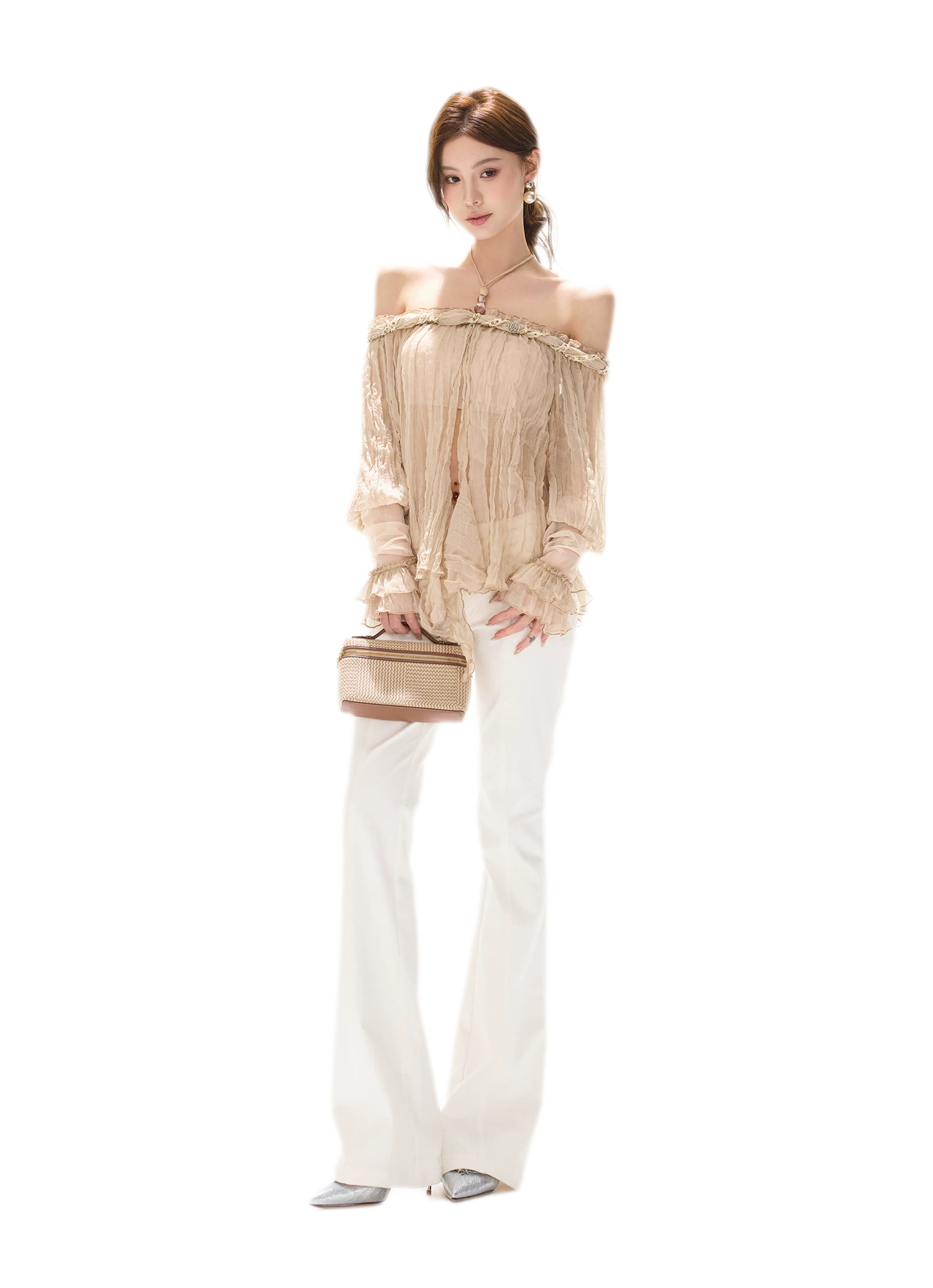 Crinkled Chiffon Beaded Blouse