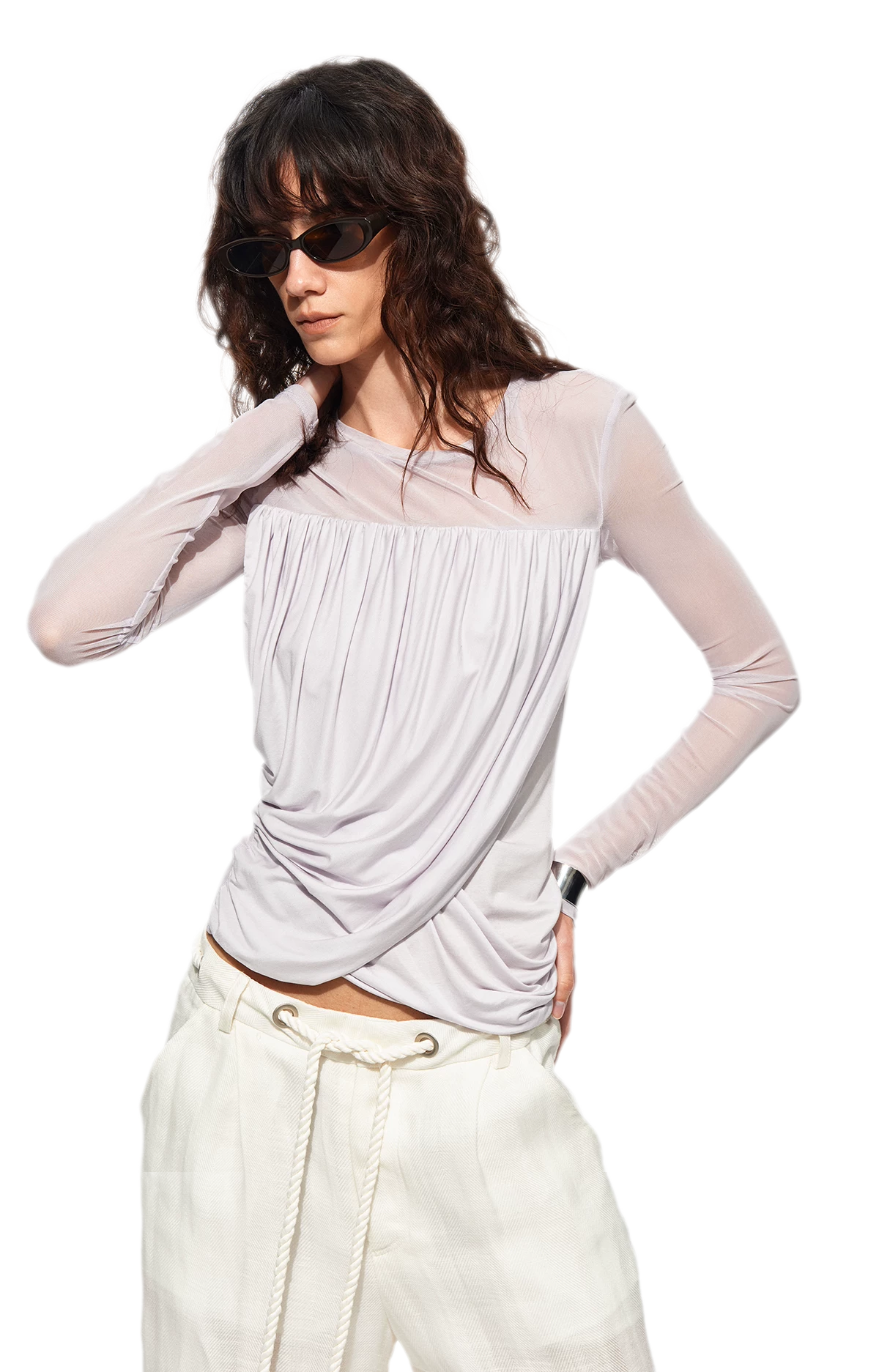 Draped Mesh Long Sleeve Tee