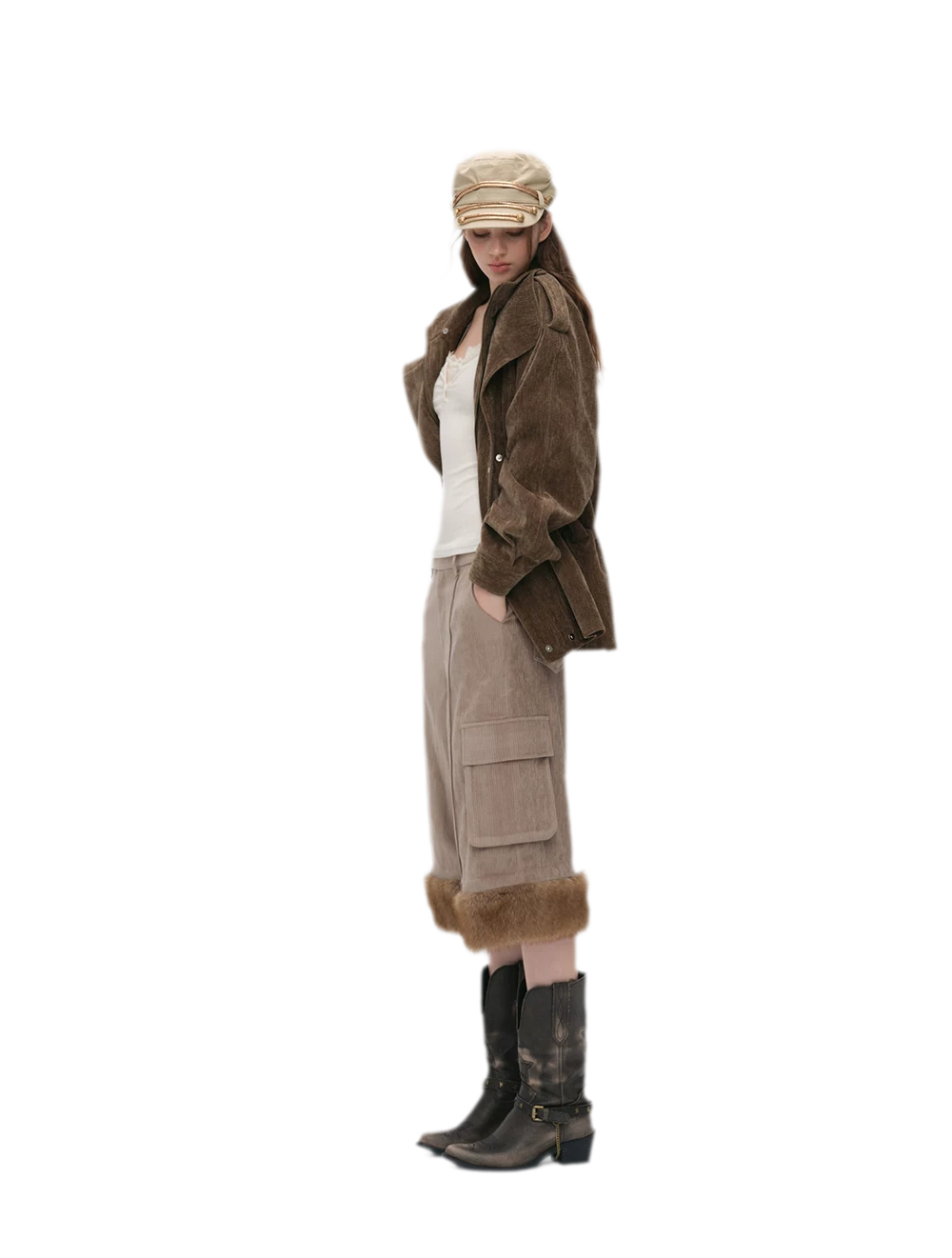 Chenille Cargo Cropped Wide-Leg Pants