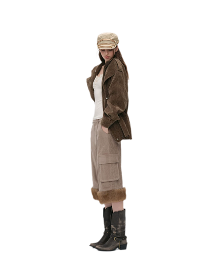 Chenille Cargo Cropped Wide-Leg Pants