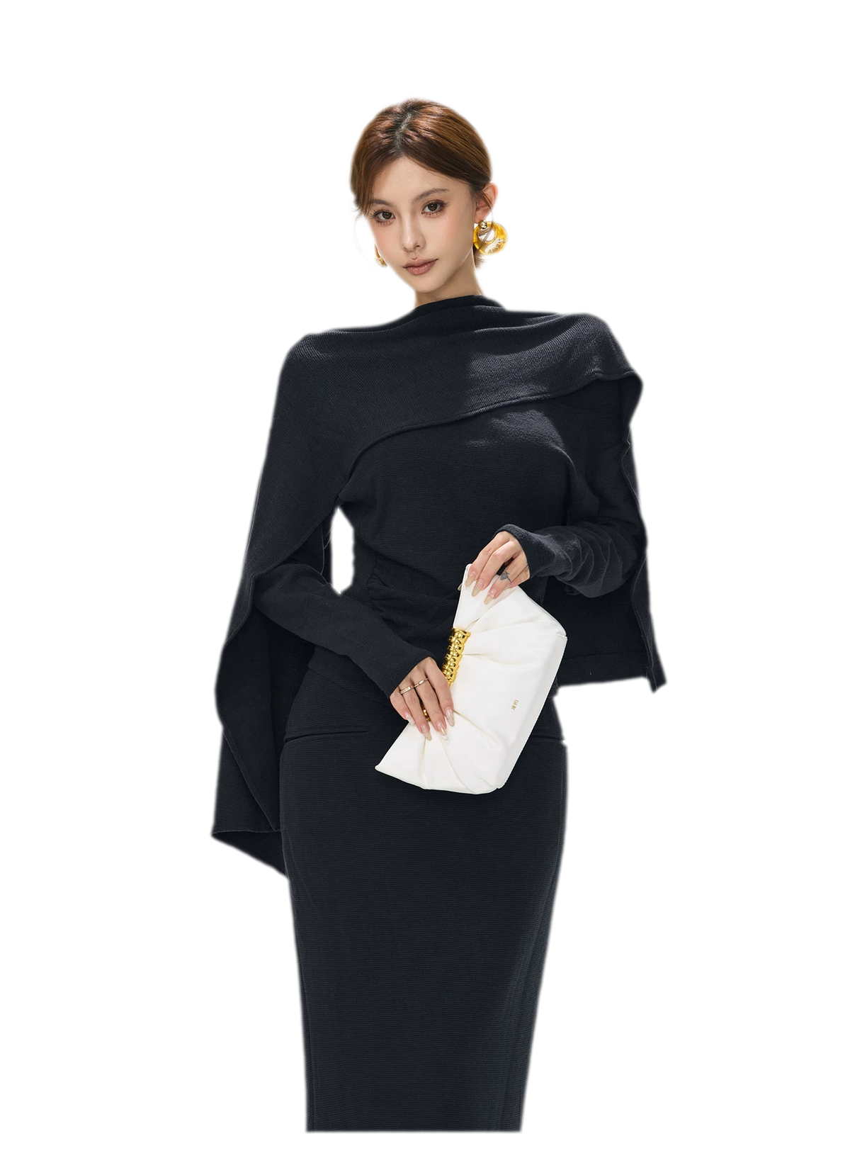 Textured Ruched Shawl Knit Set